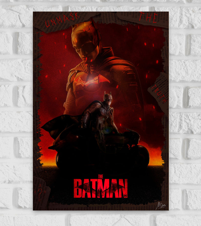 Dramatic poster of The Batman featuring a dark red and black color palette. The background shows a large, shadowed image of Batman looking downward, while the foreground displays Batman standing next to his Batcycle. Red particles are scattered throughout the scene, with the words “UNMASK THE TRUTH” faintly written at the top. The title “THE BATMAN” appears in bold red letters at the bottom, along with the DC logo. Hollywood Movies American playboy, philanthropist, and industrialist who resides in Gotham