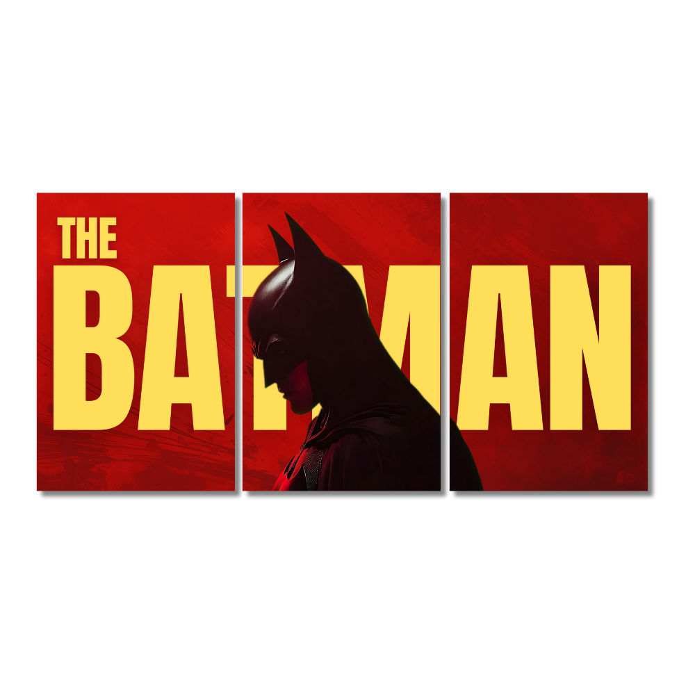 The Batman Poster – 3 Panel Split Wall Art – Dark Red & Yellow Cinematic Artwork Featuring Gotham's Vigilante, The Batman poster 2022, Batman wall art, split panel Batman frame, Gotham vigilante artwork, Batman red background print, superhero movie poster, Bruce Wayne decor, Robert Pattinson Batman print, DC Comics wall decor, dark knight silhouette poster