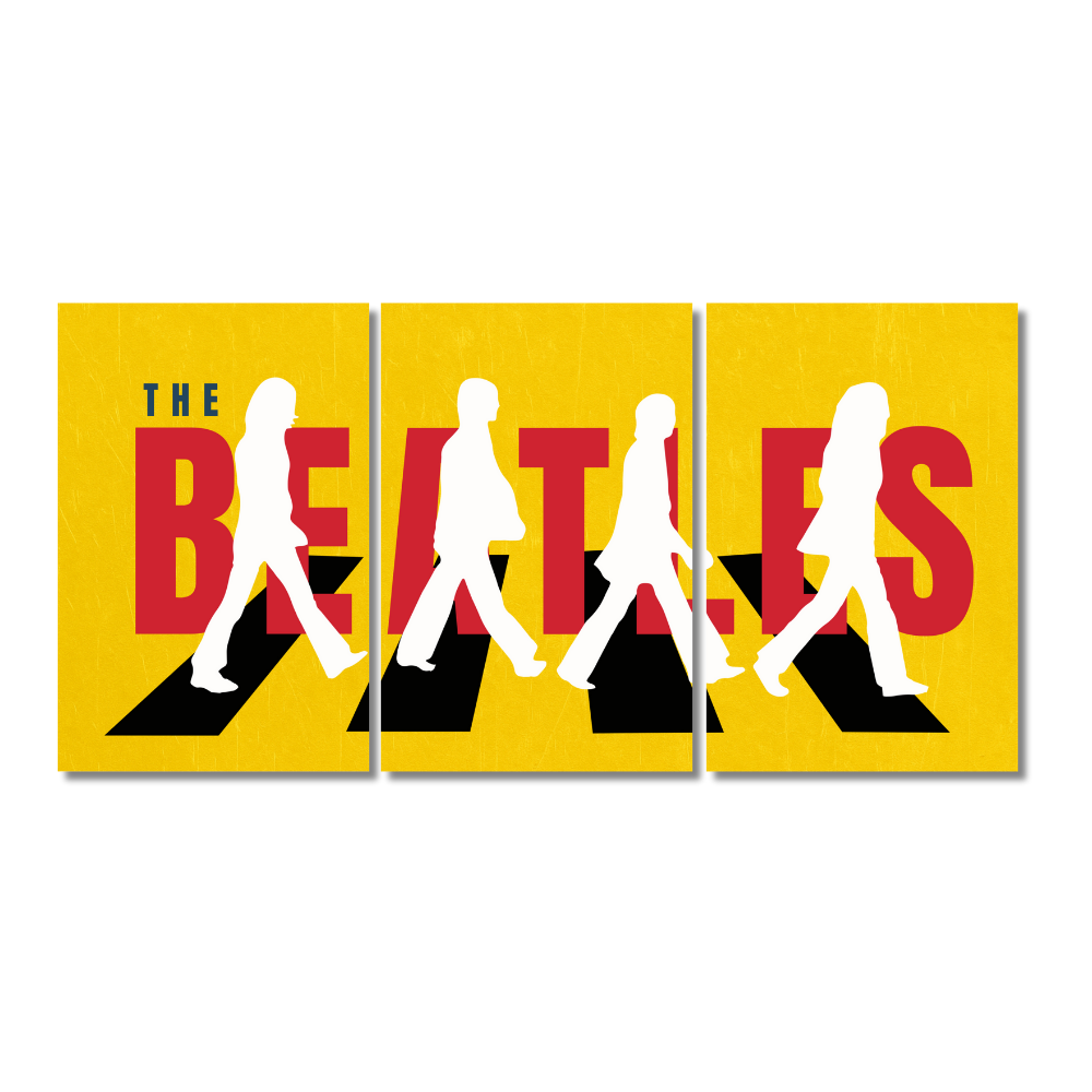 The Beatles 3-panel wall poster featuring silhouette artwork of the band walking on Abbey Road with yellow background and red "BEATLES". The Beatles poster, Abbey Road wall art, Beatles silhouette frame, Beatles band artwork, 60s rock poster, Paul McCartney John Lennon George Harrison Ringo Starr poster, Beatles fan gift, British rock band decor, Beatles crossing road poster, music legend wall Poster John Lennon, Paul McCartney, George Harrison, and Ringo Starr