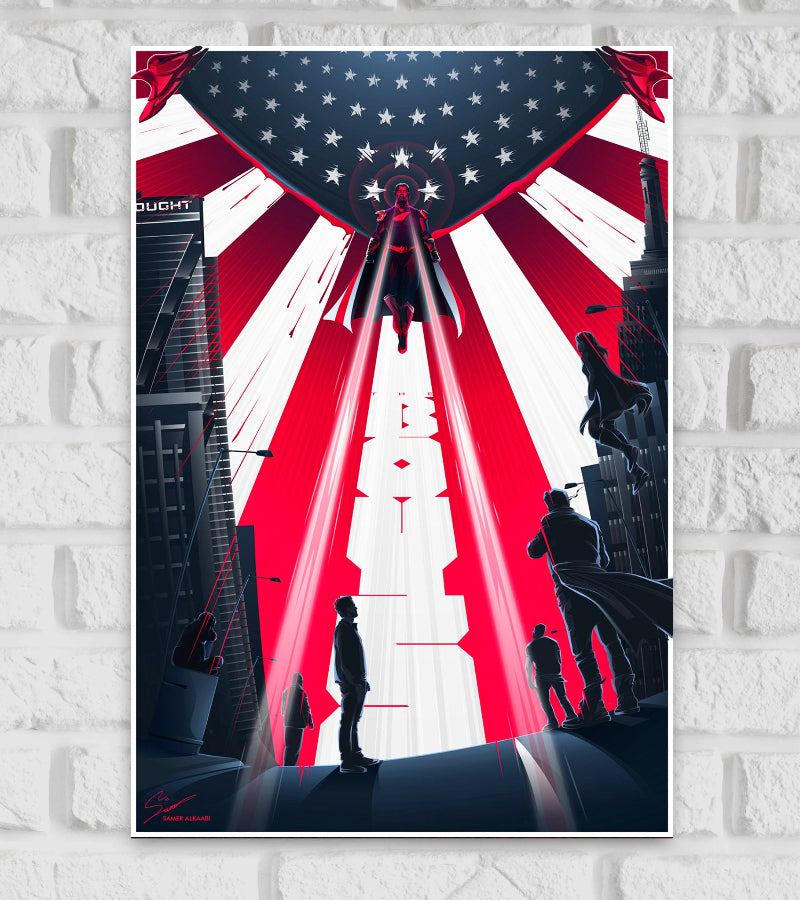 Stylized poster for the TV series "The Boys" The artwork features a superhero figure hovering in the air, shooting bright red and white energy beams downward, forming a path in the shape of the show's title. The background is dominated by a stylized American flag draped like wings behind the hero, symbolizing patriotic imagery twisted with power. Below, silhouettes of various characters from the show look up from a dark cityscape highlighting the show's themes of power surveillance and resistance Hollywood