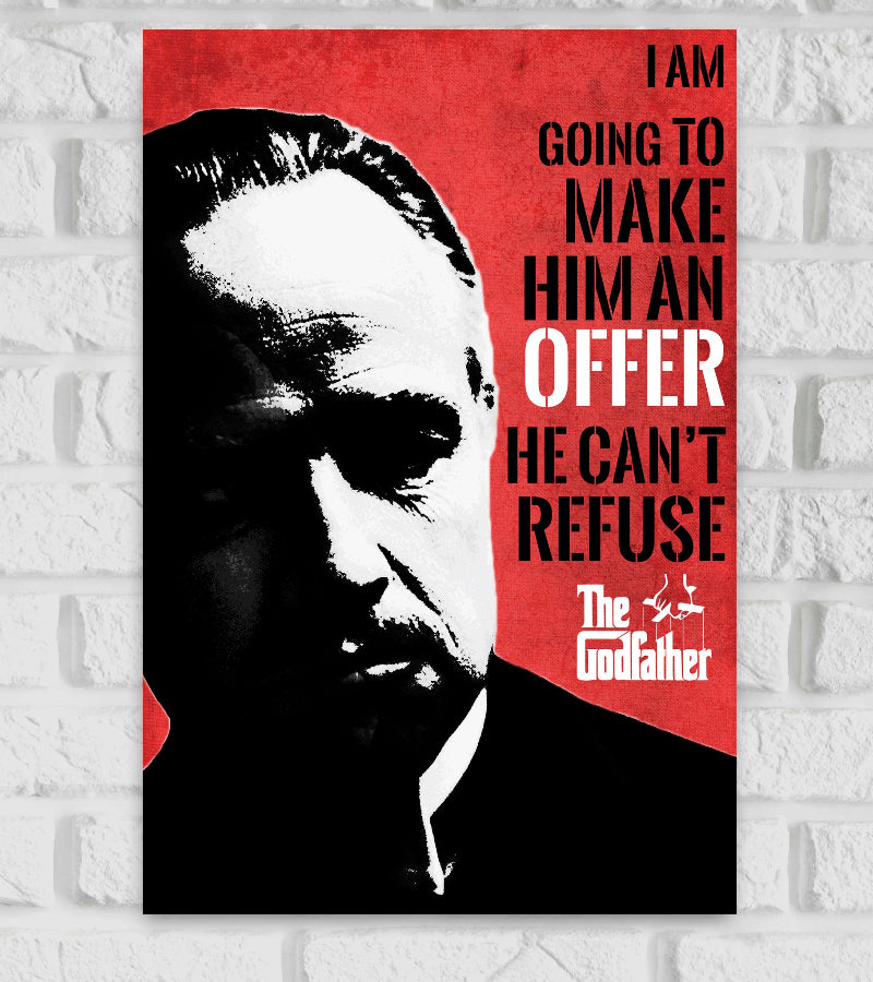 Poster of the movie 'The Godfather' featuring a high-contrast black and white portrait of Marlon Brando as Vito Corleone on a red textured background. The right side of the poster displays the iconic quote in bold black and white text: 'I am going to make him an offer he can't refuse.' Below the quote, the movie title 'The Godfather' is written in its signature font with a puppet hand graphic