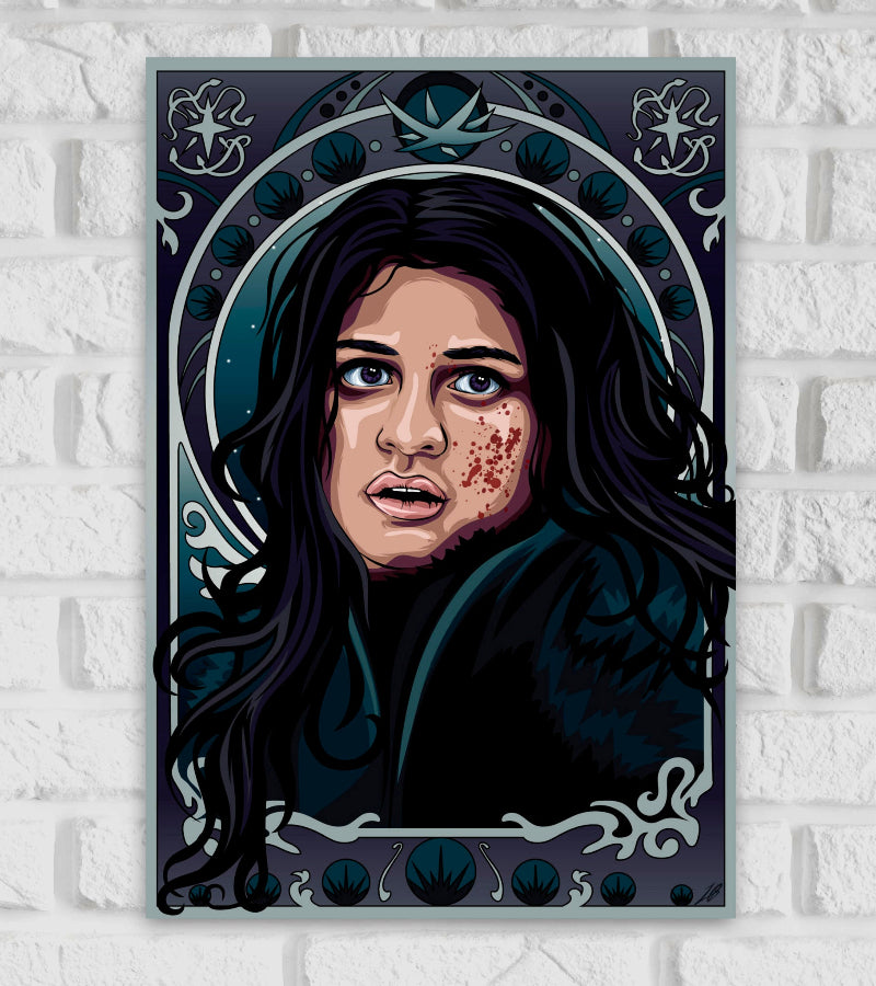 Illustrated poster of a character from The Witcher series featuring a woman with long black hair, intense dark eyes, and blood splatters on her cheek. She wears a dark cloak and appears distressed. The background is adorned with mystical symbols, floral patterns, and a starry theme, creating a dramatic and magical atmosphere Polish author Andrzej Sapkowski Henry Cavill, Anya Chalotra Freya Allan Hollywood Comic Based Animation Movies