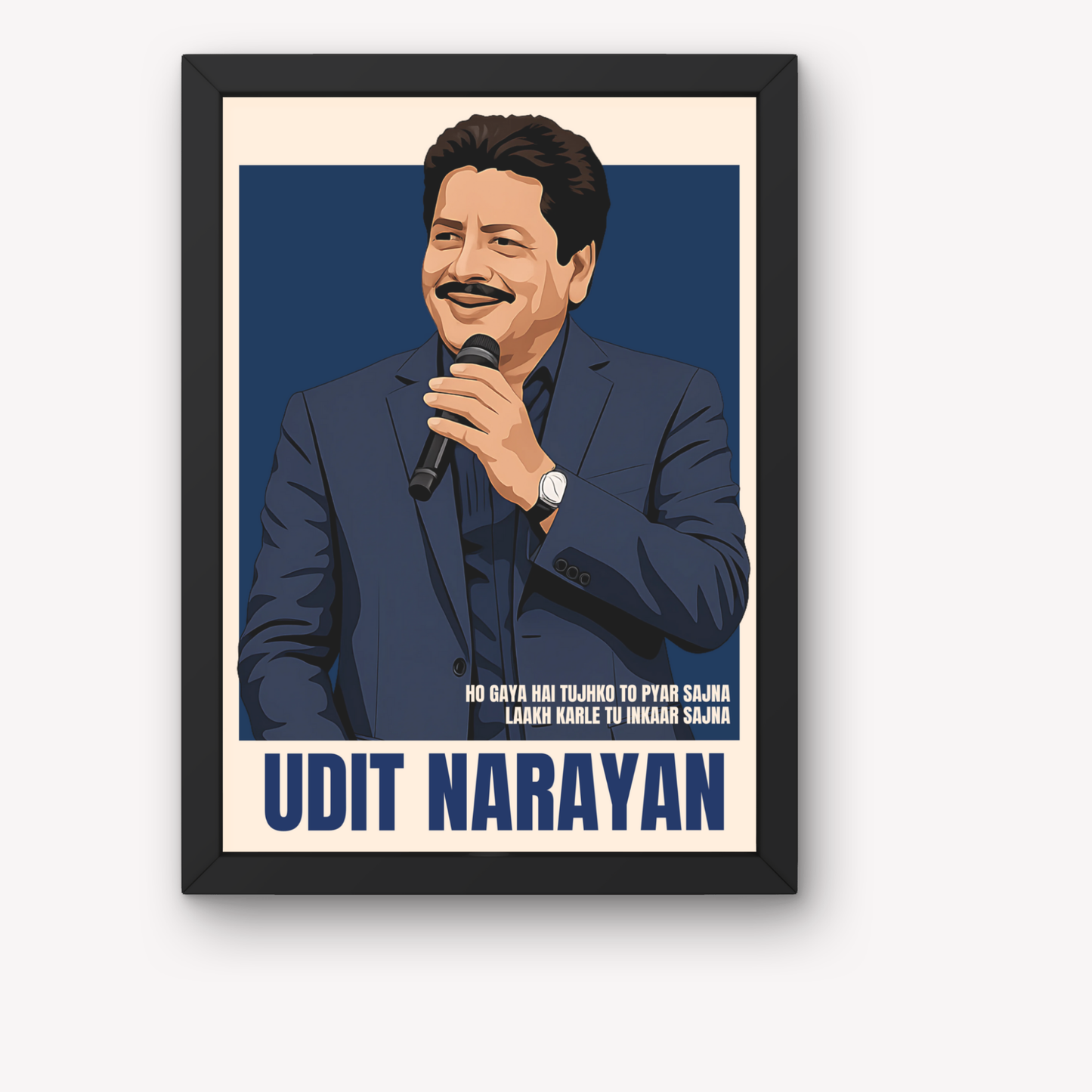 Udit Narayan Poster – Bollywood Playback Singer Wall Art – “Ho Gaya Hai Tujhko To Pyar Sajna” Quote – Framed | Canvas | Poster Print, Udit Narayan poster, Bollywood singer wall art, retro playback singer frame, Ho Gaya Hai Tujhko quote art, canvas Udit Narayan print, framed Indian singer artwork, Bollywood nostalgia gift, music legend poster, Indian musical icon frame, 90s Bollywood singer wall decor, Udit Narayan fan gift, famous Bollywood singer poster, Hindi romantic song art, Udit's Digital illustration