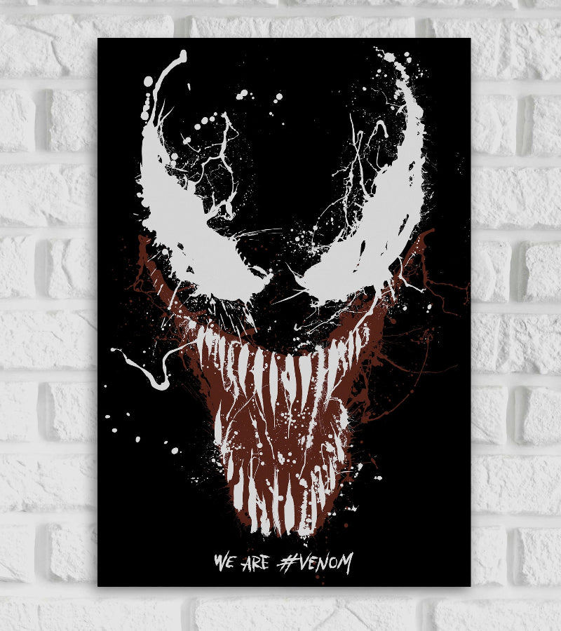 Poster of Venom featuring a dark, abstract design of Venom's face created with splattered paint effects. The wide, jagged mouth with sharp white teeth and large, menacing white eyes stand out against a black background. At the bottom, the text reads “WE ARE #VENOM” in a rough, handwritten style, enhancing the chaotic and sinister vibe American superhero Marvel Comics character Hllywood Movies