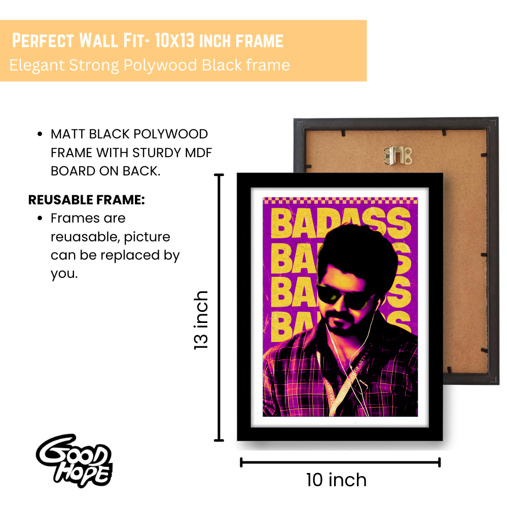 Actor Vijay “Badass” Poster Frame, Tamil Movie Framed Poster, Tamil Movie Posters, Tamil Actors Posters for wall decor, room decor, Living aera, Dining hall Tamil Cinema wall art