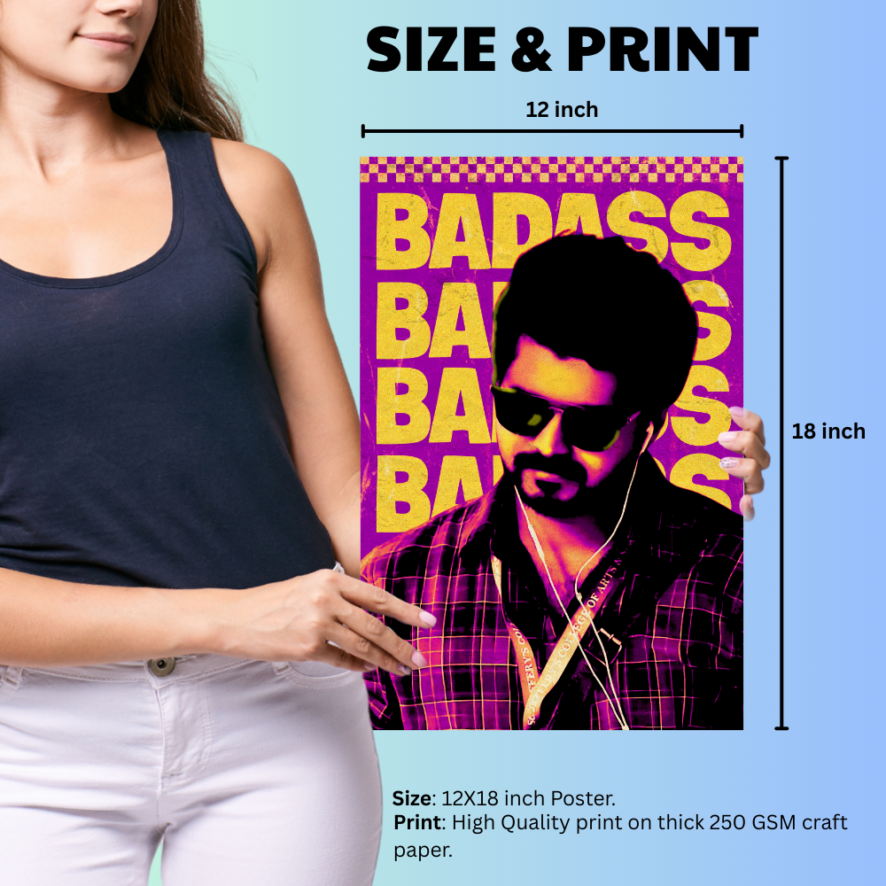 Actor Vijay “Badass” Poster Frame, Tamil Movie Framed Poster, Tamil Movie Posters, Tamil Actors Posters for wall decor, room decor, Living aera, Dining hall Tamil Cinema wall art