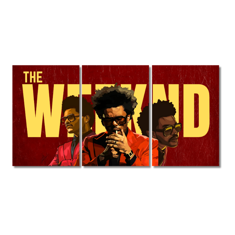 A three-panel poster featuring The Weeknd in a stylized, illustrated design. The background is deep red with bold yellow text spelling “THE WEEKND” across the panels. Each panel showcases a different portrait of The Weeknd wearing a red jacket and sunglasses, striking expressive poses in a bold, artistic style Canadian singer and songwriter Abel Makkonen Tesfaye known professionally Grammy
