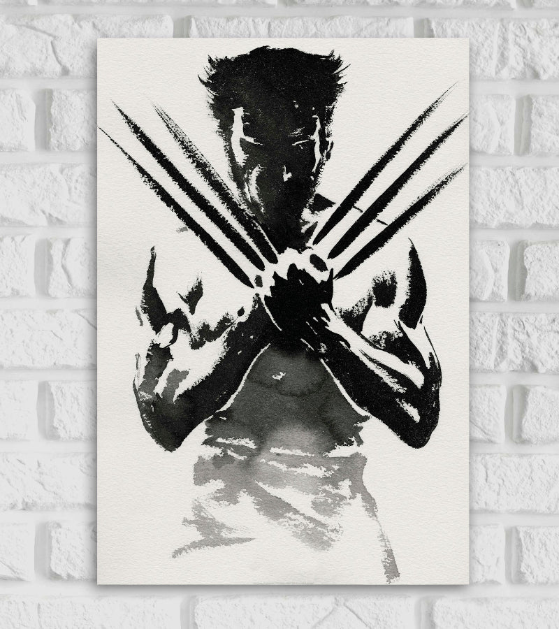 Stylized black-and-white poster of Wolverine featuring an ink-brush illustration of a muscular man with wild hair and extended claws crossed in front of his chest. The artwork uses a minimalist watercolor effect, emphasizing shadows and bold strokes to create a dramatic and intense look. The background is plain white, keeping the focus on the character American comic Marvel Comics Hollywood Avengers