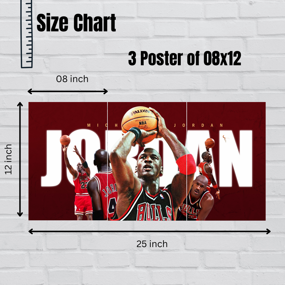 Basketball Player Michael Jordan 3 Split Poster Basketball Legend Wall Art for Room, Gym & Office Decor Hostel Sports Room Gift For Fan Boys Men Wallpaper Stickers