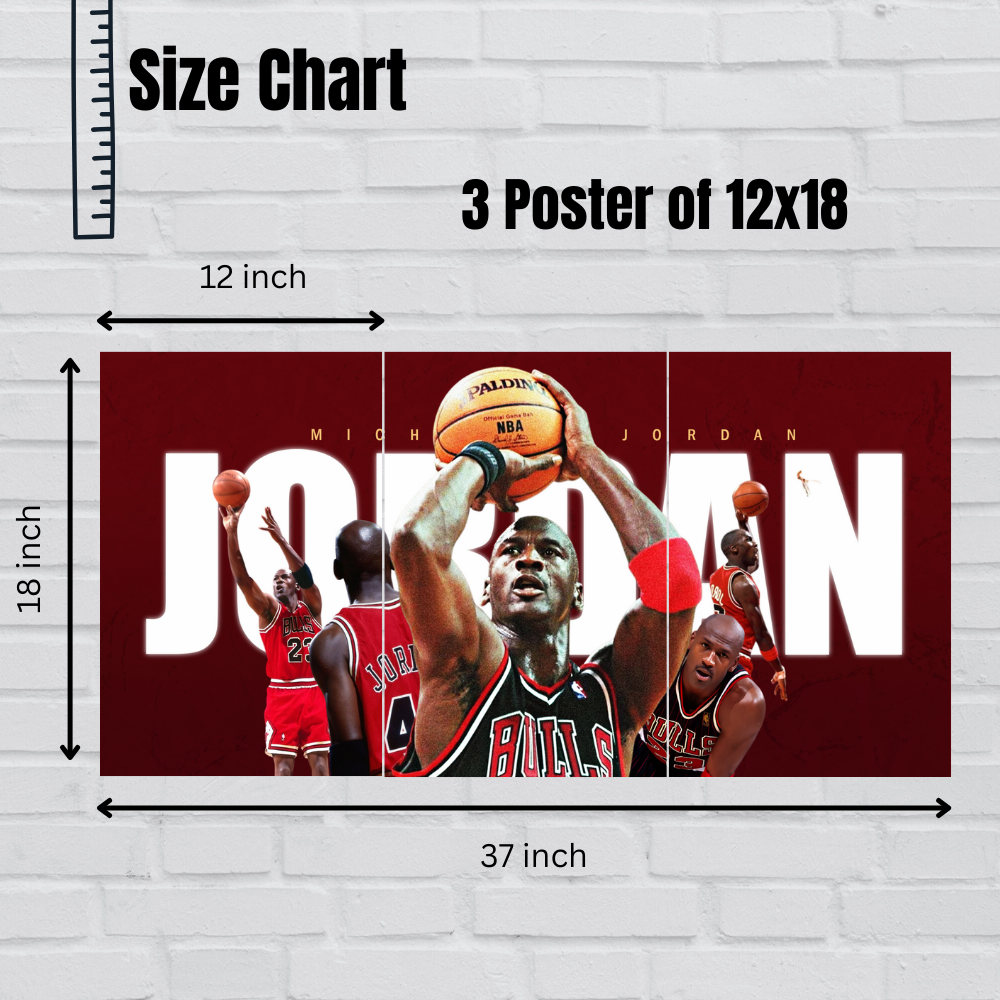 Basketball Player Michael Jordan 3 Split Poster Basketball Legend Wall Art for Room, Gym & Office Decor Hostel Sports Room Gift For Fan Boys Men Wallpaper Stickers