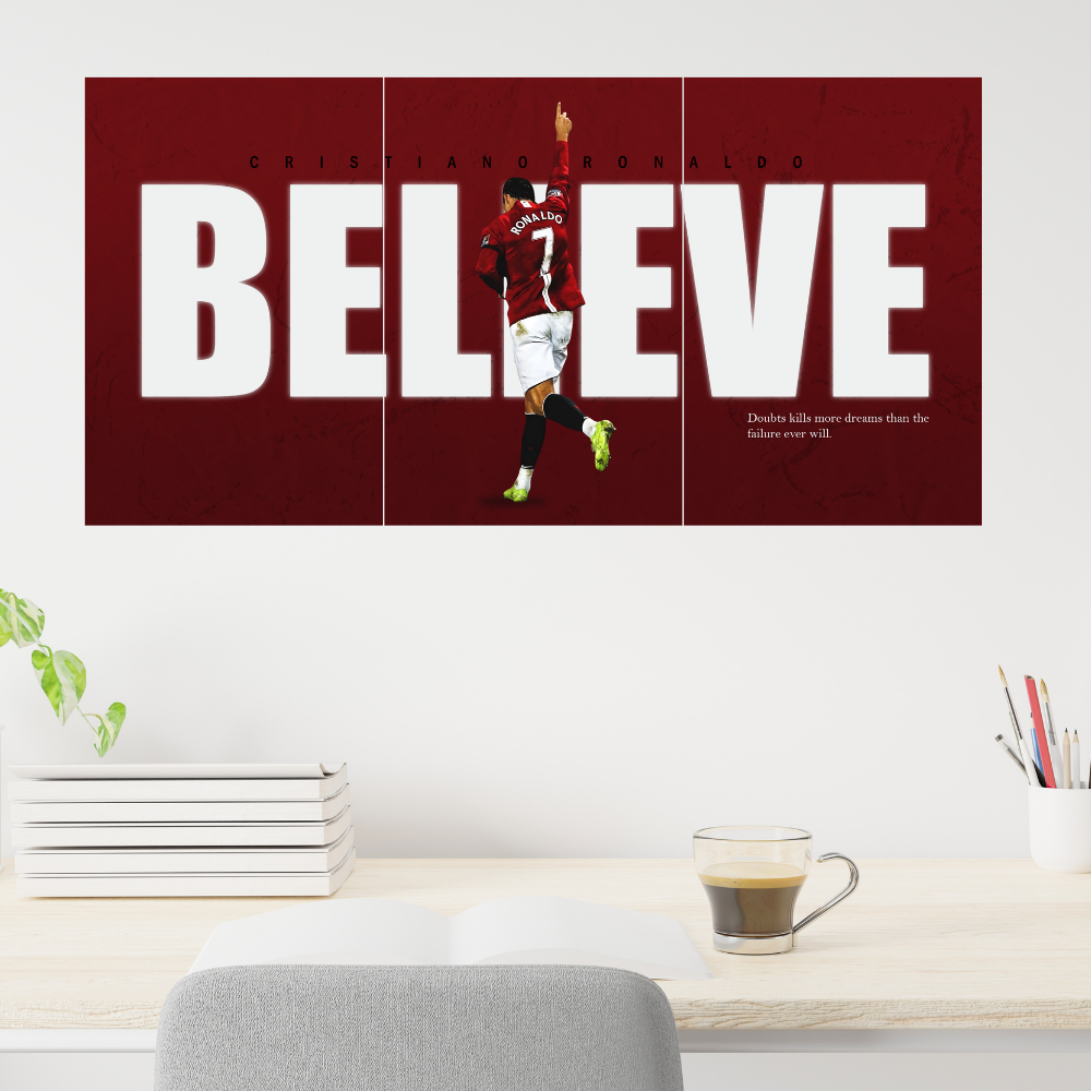 Footballer Cristiano Ronaldo 3 Split Poster Soccer Wall Art For Sports Room Office Bedroom Hostel Gym Gift For Fan Boys Men Wallpaper Stickers