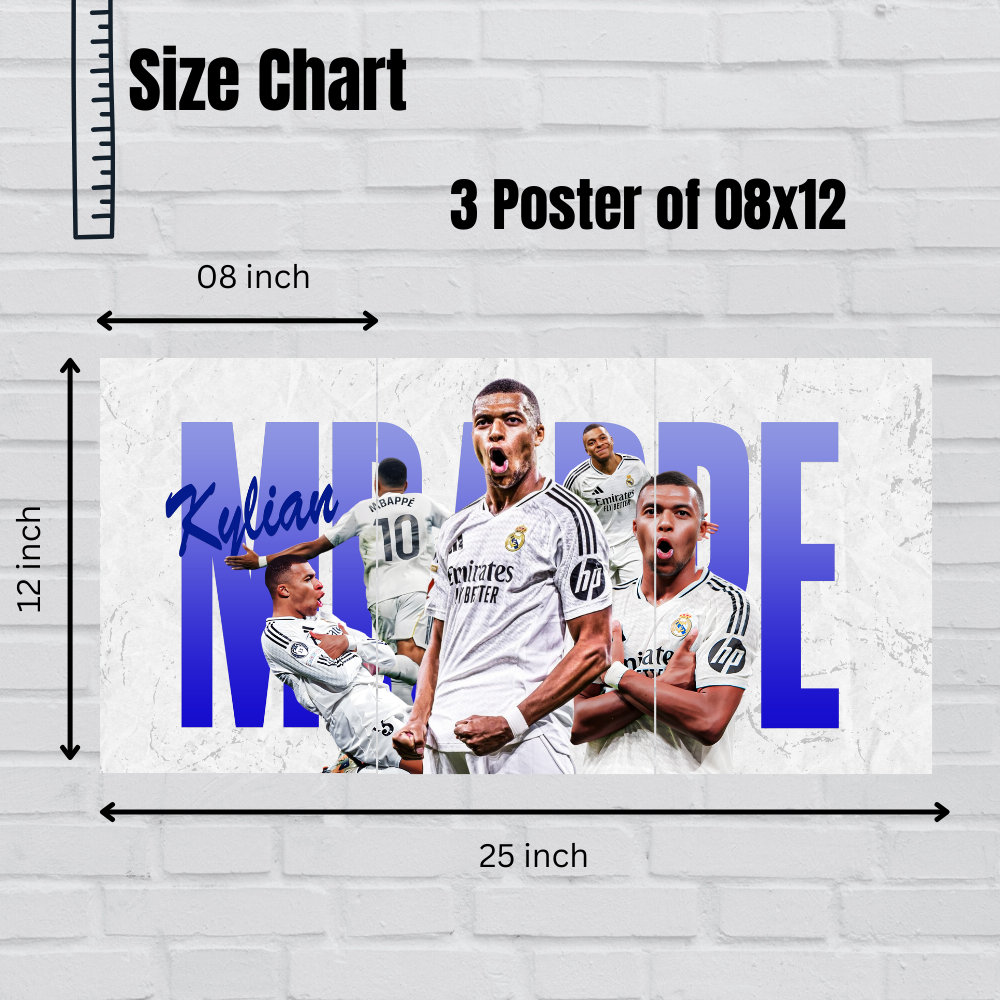 Footballer Kylian Mbappe 3 Split Poster Soccer Wall Art For Sports Room Office Bedroom Hostel Gym Gift For Fan Boys Men Wallpaper Stickers