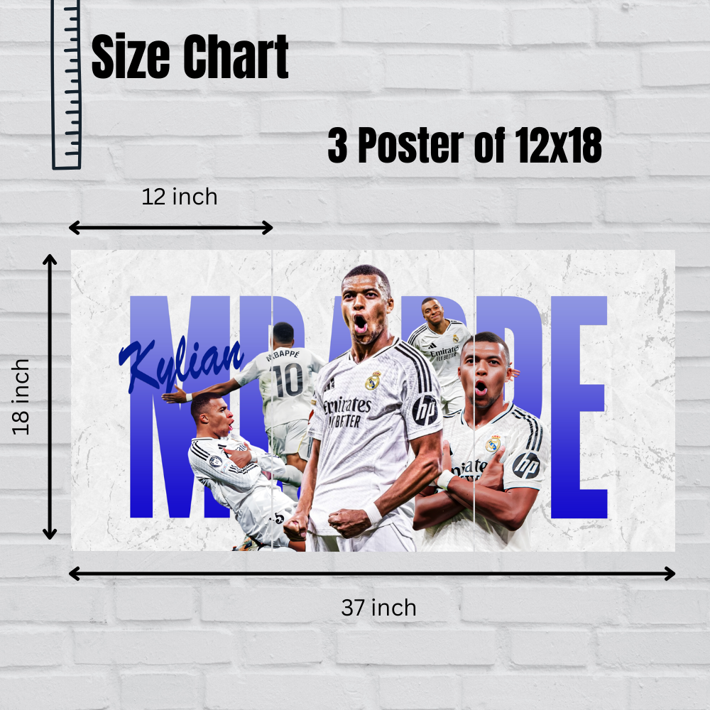 Footballer Kylian Mbappe 3 Split Poster Soccer Wall Art For Sports Room Office Bedroom Hostel Gym Gift For Fan Boys Men Wallpaper Stickers