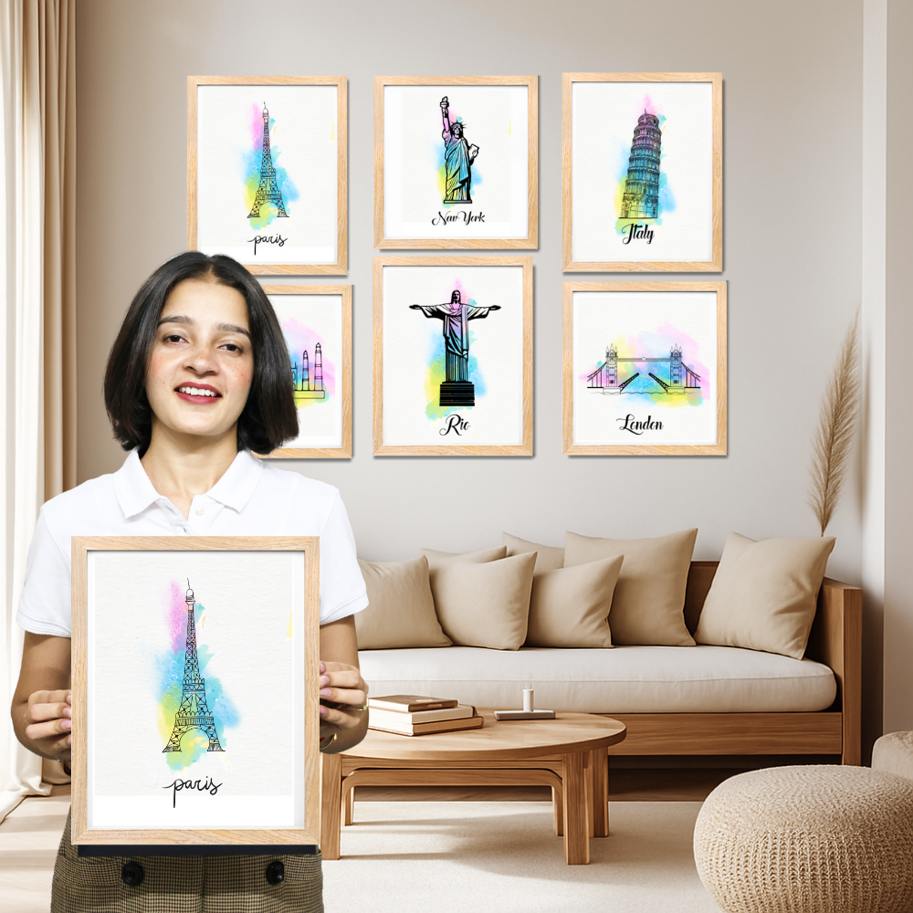 Good Hope Set of 6 Framed World Landmark Posters 10X13 Inch Wall Art Decor Featuring Paris, New York, Italy, Agra, Rio, and London  for Home Decoration, Living Room