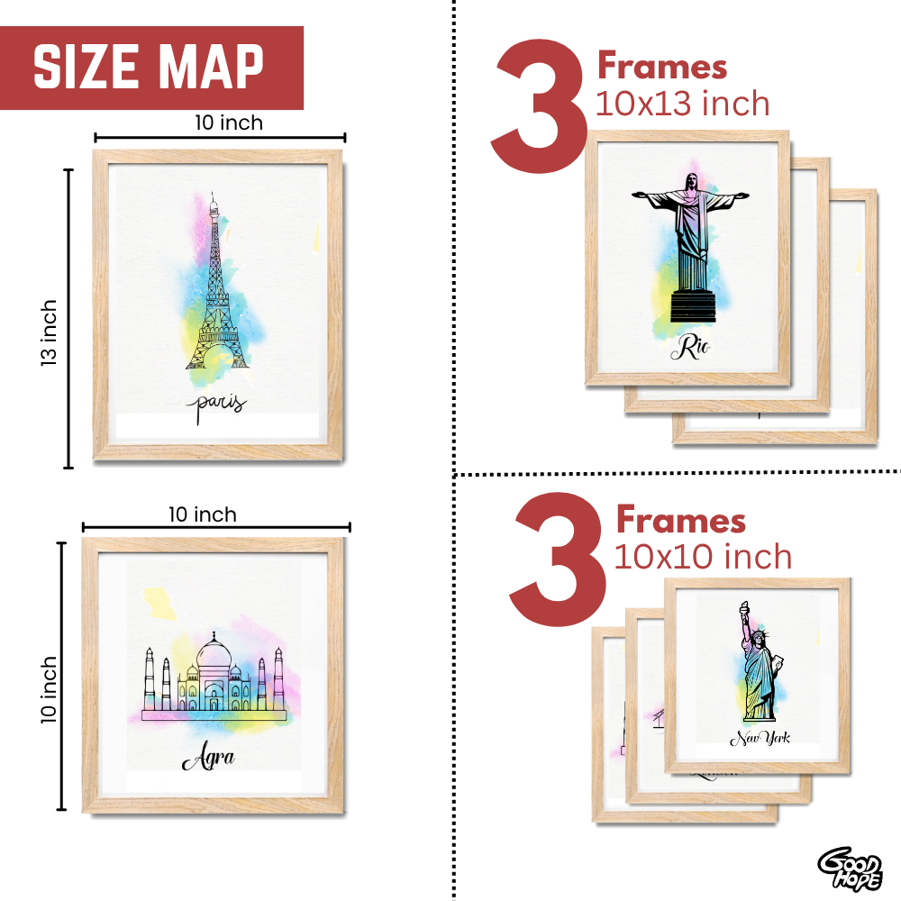 Good Hope Set of 6 Framed World Landmark Posters 10X13 Inch Wall Art Decor Featuring Paris, New York, Italy, Agra, Rio, and London  for Home Decoration, Living Room