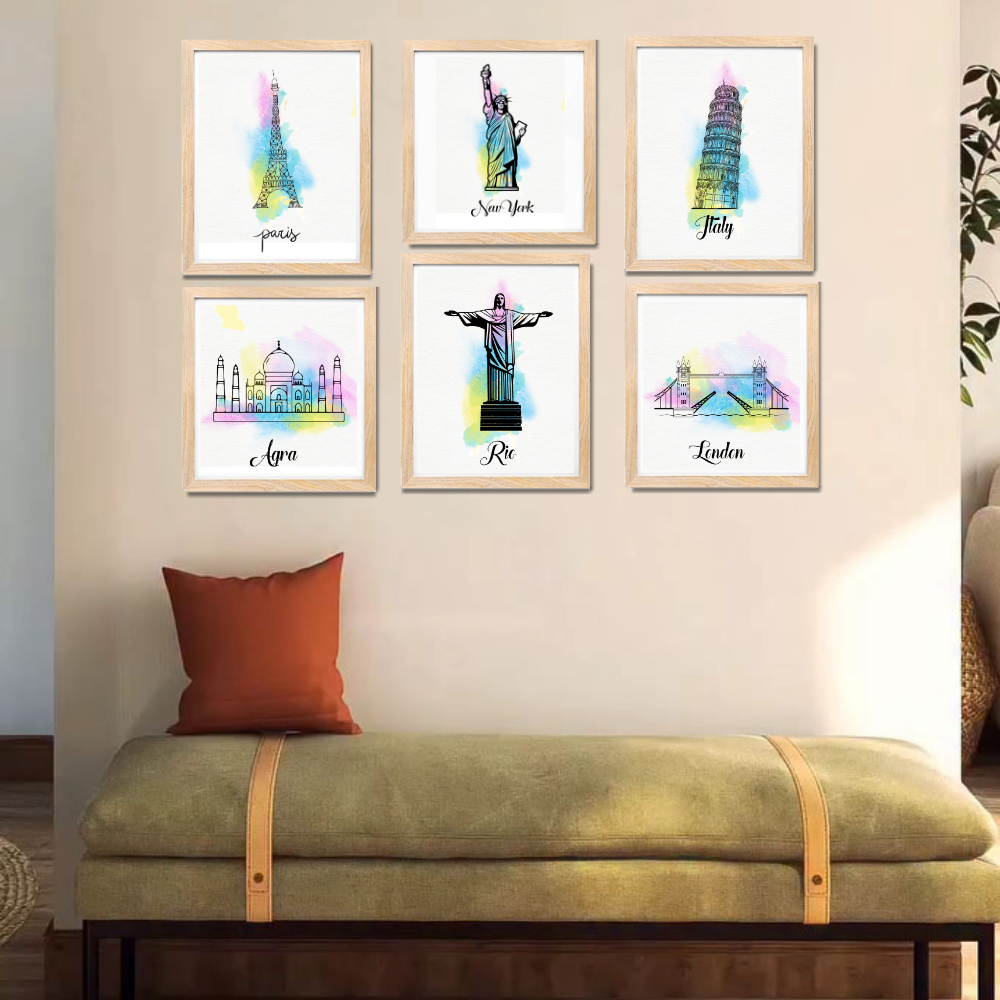 Good Hope Set of 6 Framed World Landmark Posters 10X13 Inch Wall Art Decor Featuring Paris, New York, Italy, Agra, Rio, and London  for Home Decoration, Living Room