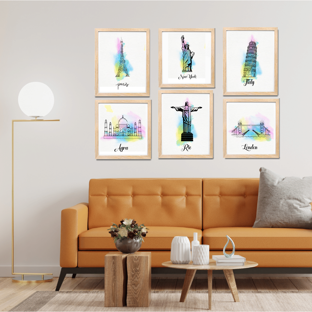 Good Hope Set of 6 Framed World Landmark Posters 10X13 Inch Wall Art Decor Featuring Paris, New York, Italy, Agra, Rio, and London  for Home Decoration, Living Room