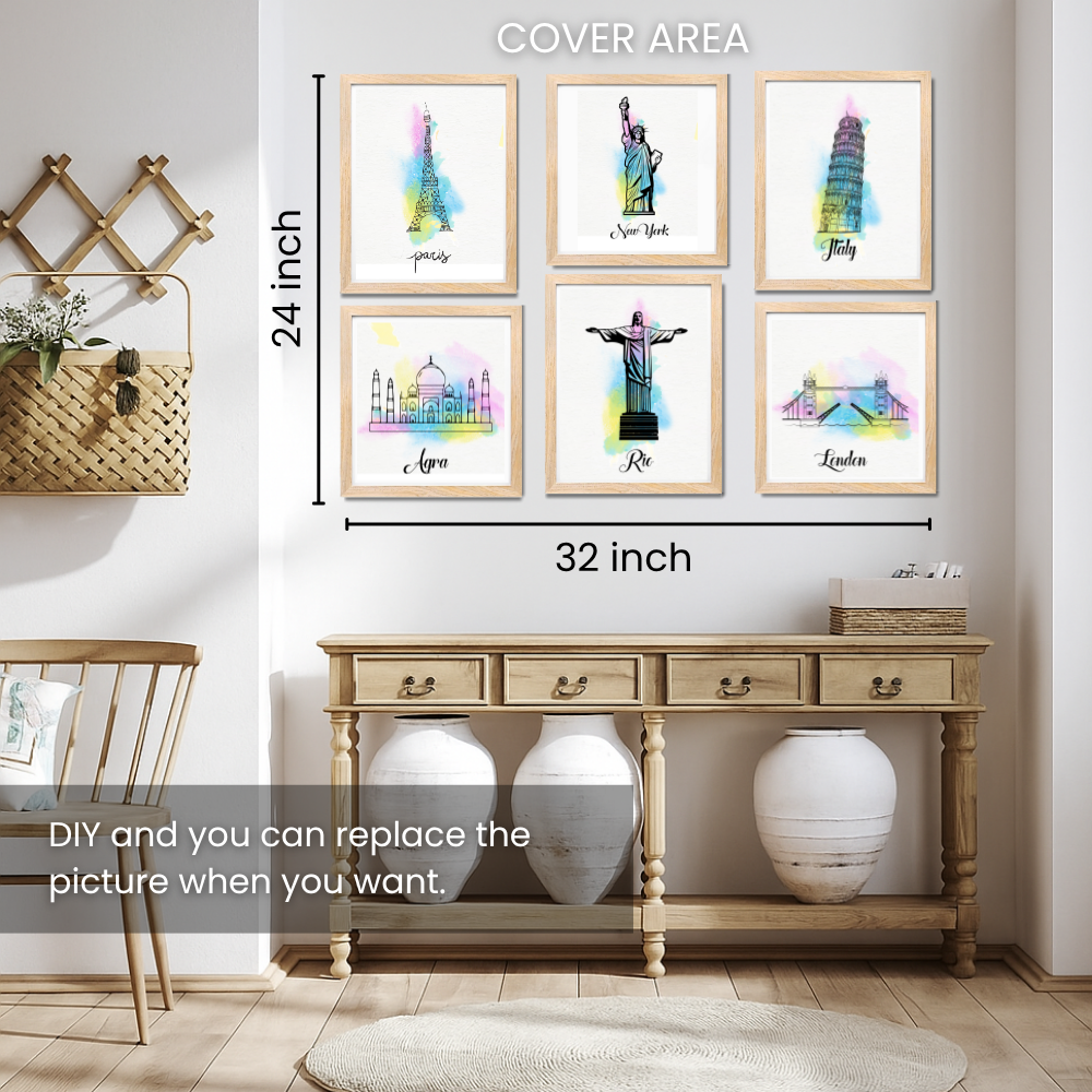Good Hope Set of 6 Framed World Landmark Posters 10X13 Inch Wall Art Decor Featuring Paris, New York, Italy, Agra, Rio, and London  for Home Decoration, Living Room