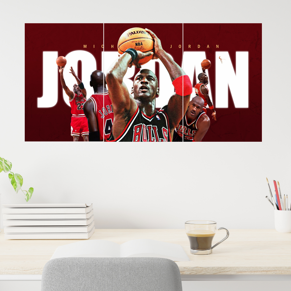 Basketball Player Michael Jordan 3 Split Poster Basketball Legend Wall Art for Room, Gym & Office Decor Hostel Sports Room Gift For Fan Boys Men Wallpaper Stickers