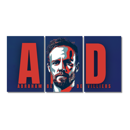 Three-piece split wall poster of AB de Villiers with bold red letters 'A', 'B', and 'D' on each panel, center panel featuring a stylized portrait of the cricketer in red and blue tones, available in 12x18 inch or 9x12 inch sizes.