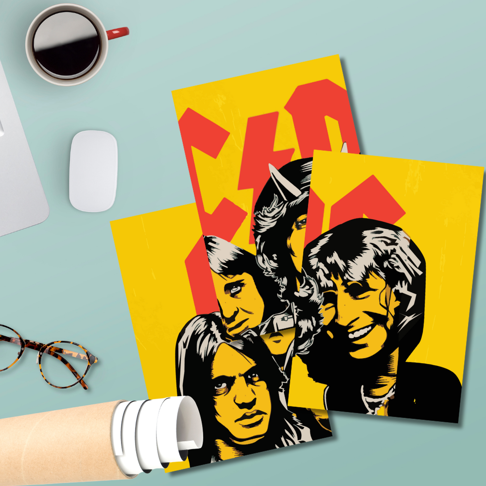 AC/DC 3 Split Poster – Iconic Rock Band Wall Art with Bold Yellow & Red Design