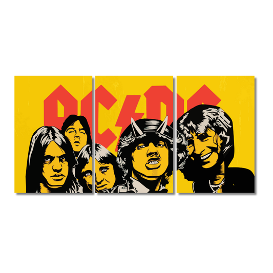 Three-panel split wall poster featuring the iconic rock band AC/DC in bold black illustrations against a vibrant yellow background with red AC/DC logo, available in 12x18 inch or 9x12 inch sizes. Classic rock band poster, Rock music wall decor, Music studio wall frame.