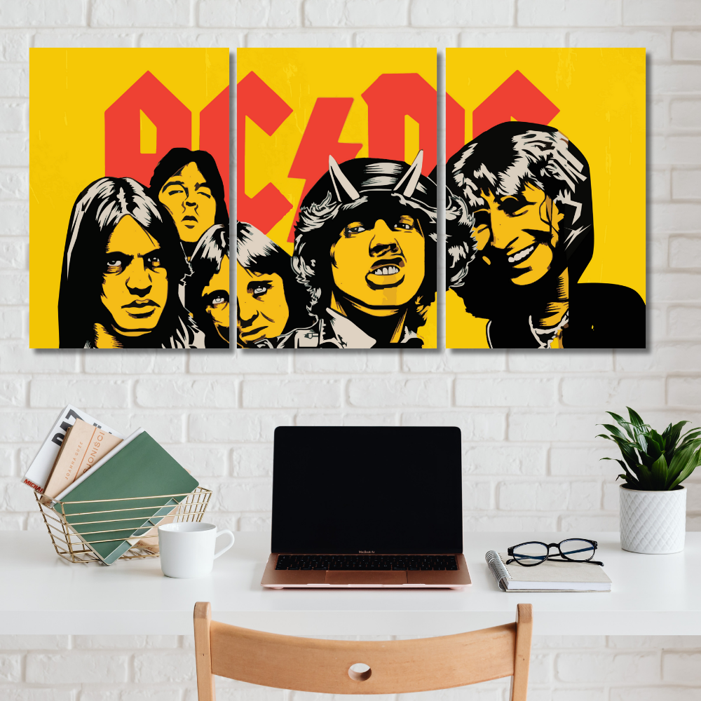 AC/DC 3 Split Poster – Iconic Rock Band Wall Art with Bold Yellow & Red Design