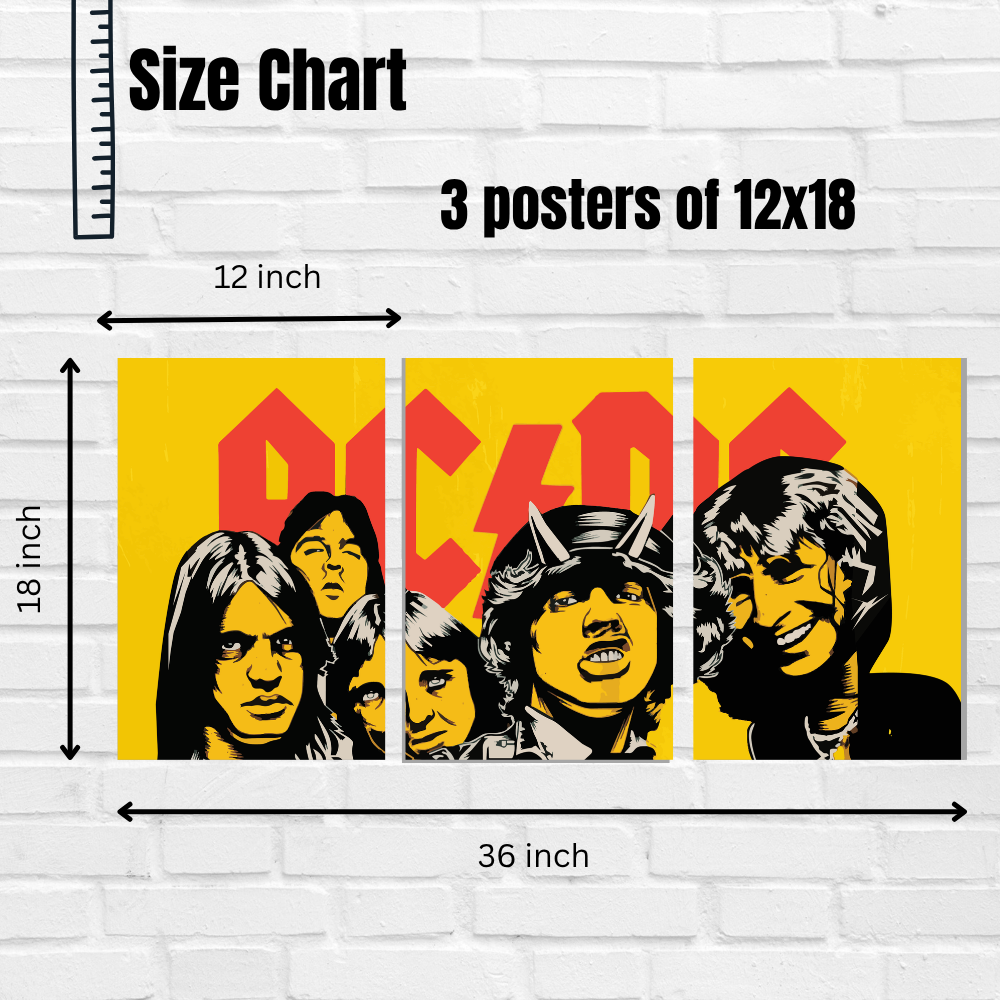 AC/DC 3 Split Poster – Iconic Rock Band Wall Art with Bold Yellow & Red Design