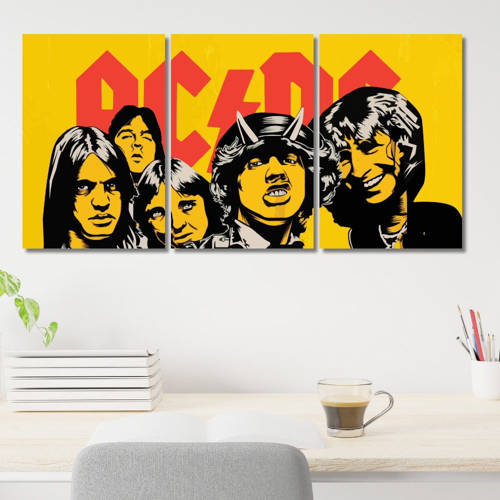 AC/DC 3 Split Poster – Iconic Rock Band Wall Art with Bold Yellow & Red Design