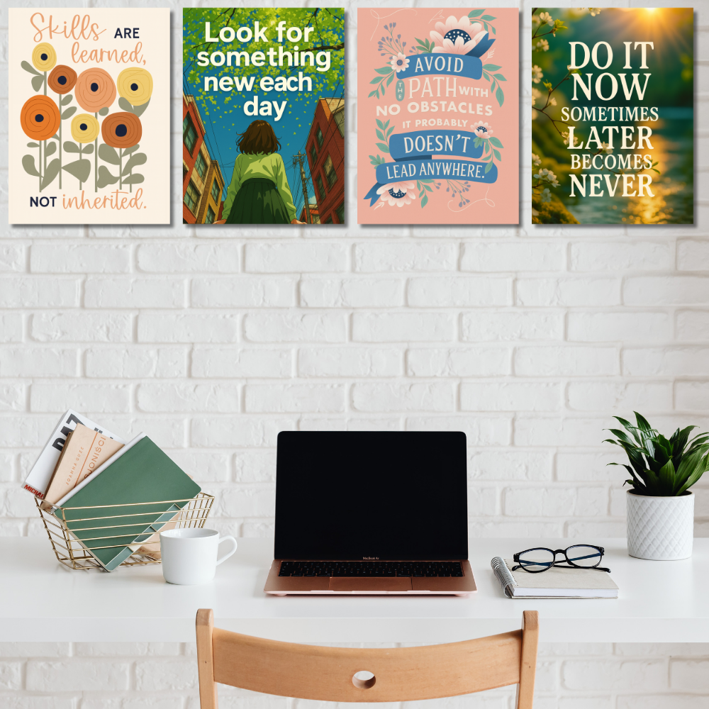 Aesthetic Motivational Quotes Poster Motivation Quote Posters Inspiring Lines Stickers Set of 4 Posters for Students & Study Room Library decoration Living room bedroom kitchen Dining hall & office wall decor
