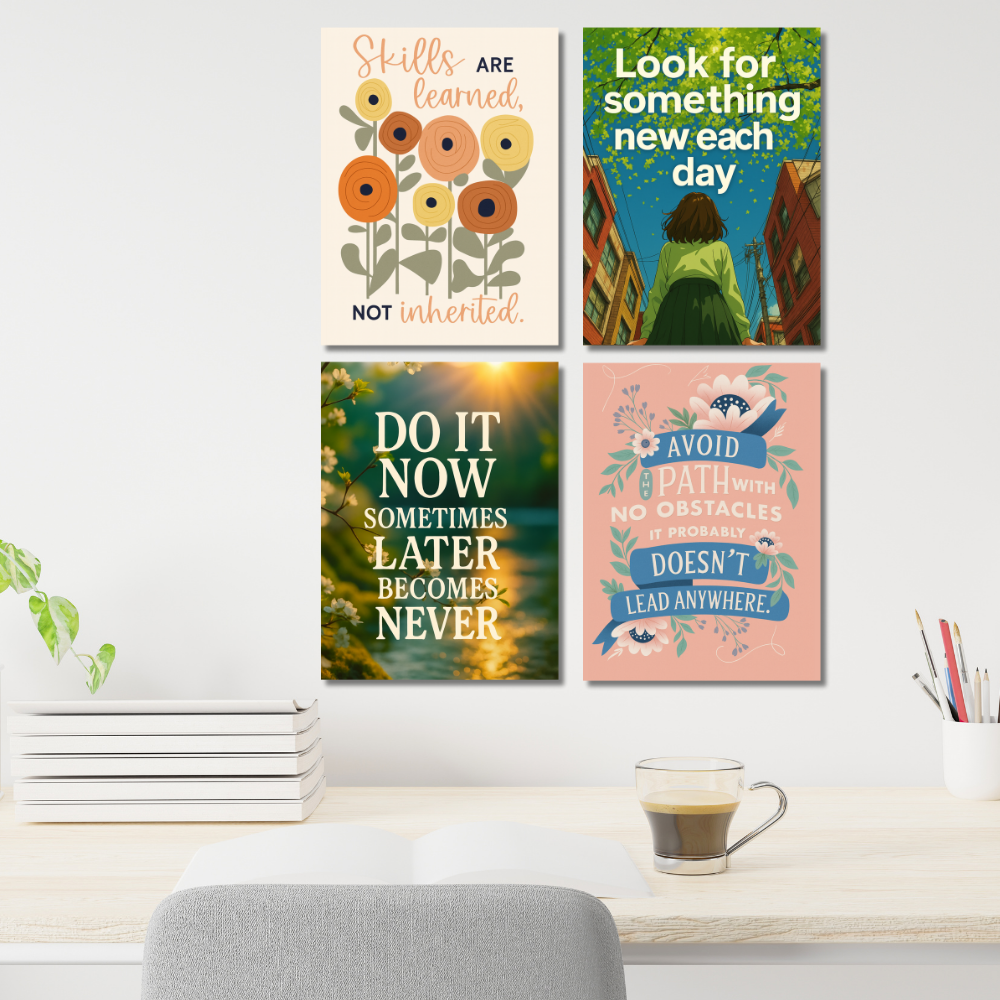 Aesthetic Motivational Quotes Poster Motivation Quote Posters Inspiring Lines Stickers Set of 4 Posters for Students & Study Room Library decoration Living room bedroom kitchen Dining hall & office wall decor