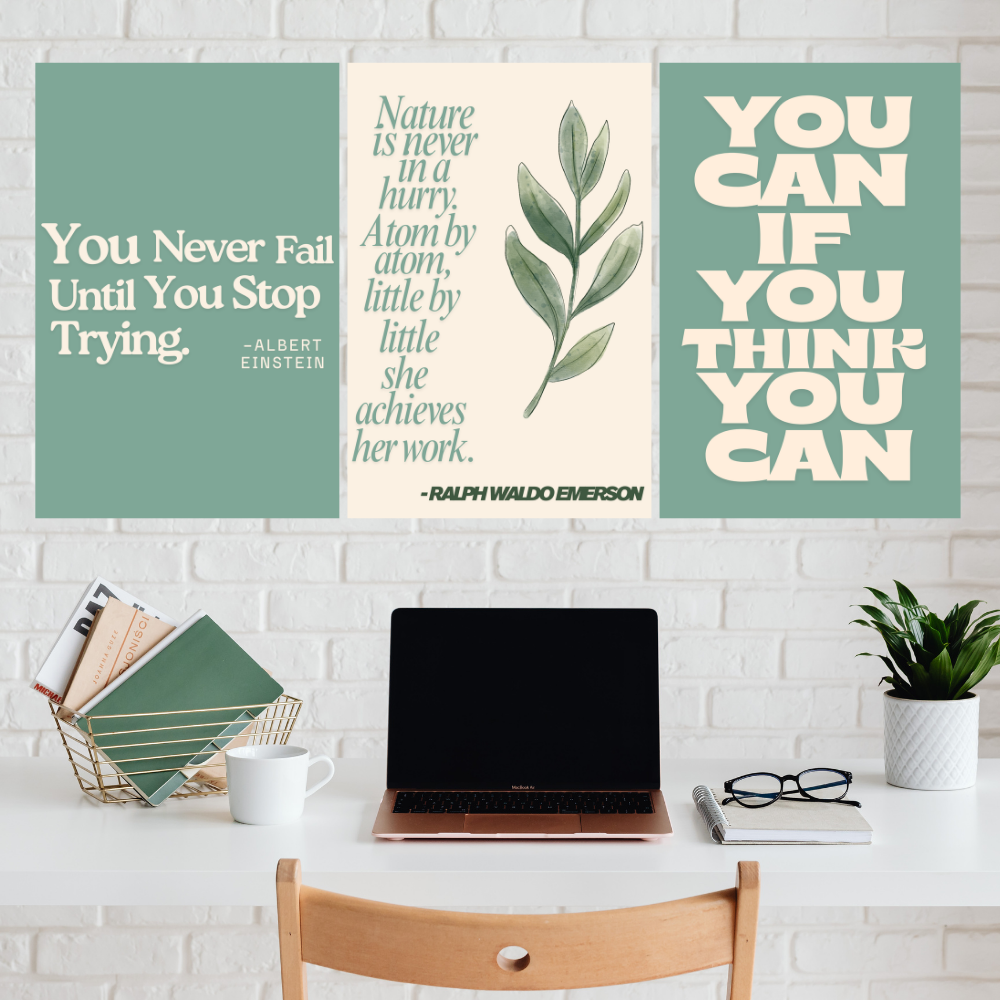 Aesthetic Motivational Posters – Set of 3 Poster framed | Minimal Wall Art with Quotes by Albert Einstein & Ralph Waldo Emerson | Positive Affirmation Decor for Bedroom, Study, Office with frame or without frames