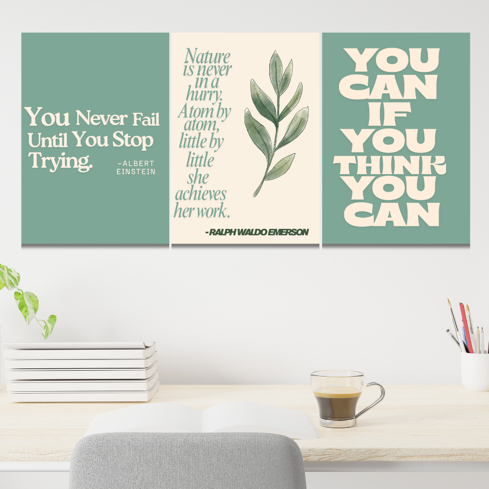 Aesthetic Motivational Posters – Set of 3 Poster framed | Minimal Wall Art with Quotes by Albert Einstein & Ralph Waldo Emerson | Positive Affirmation Decor for Bedroom, Study, Office with frame or without frames