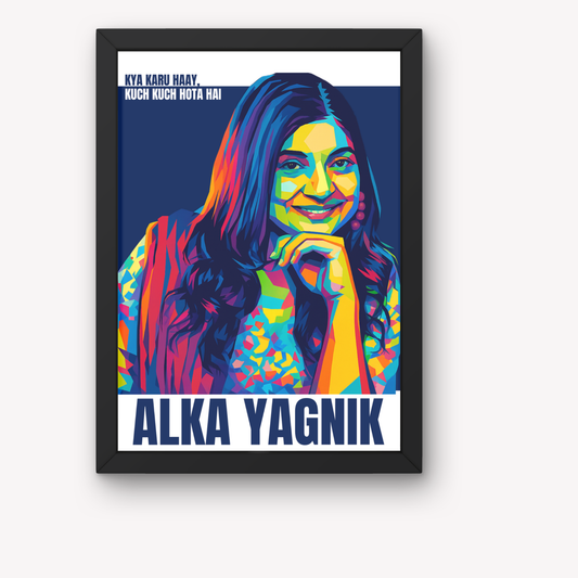 Alka Yagnik Pop Art Poster – “Kya Karu Haay, Kuch Kuch Hota Hai” Quote – Framed | Canvas | Wall Poster for Music Lovers, Colorful pop art portrait of Alka Yagnik, Alka Yagnik poster, Bollywood singer wall art, pop art Alka Yagnik, music legend poster etro pop singer design, colorful portrait poster, gift for music lovers, Bollywood legends wall decor
