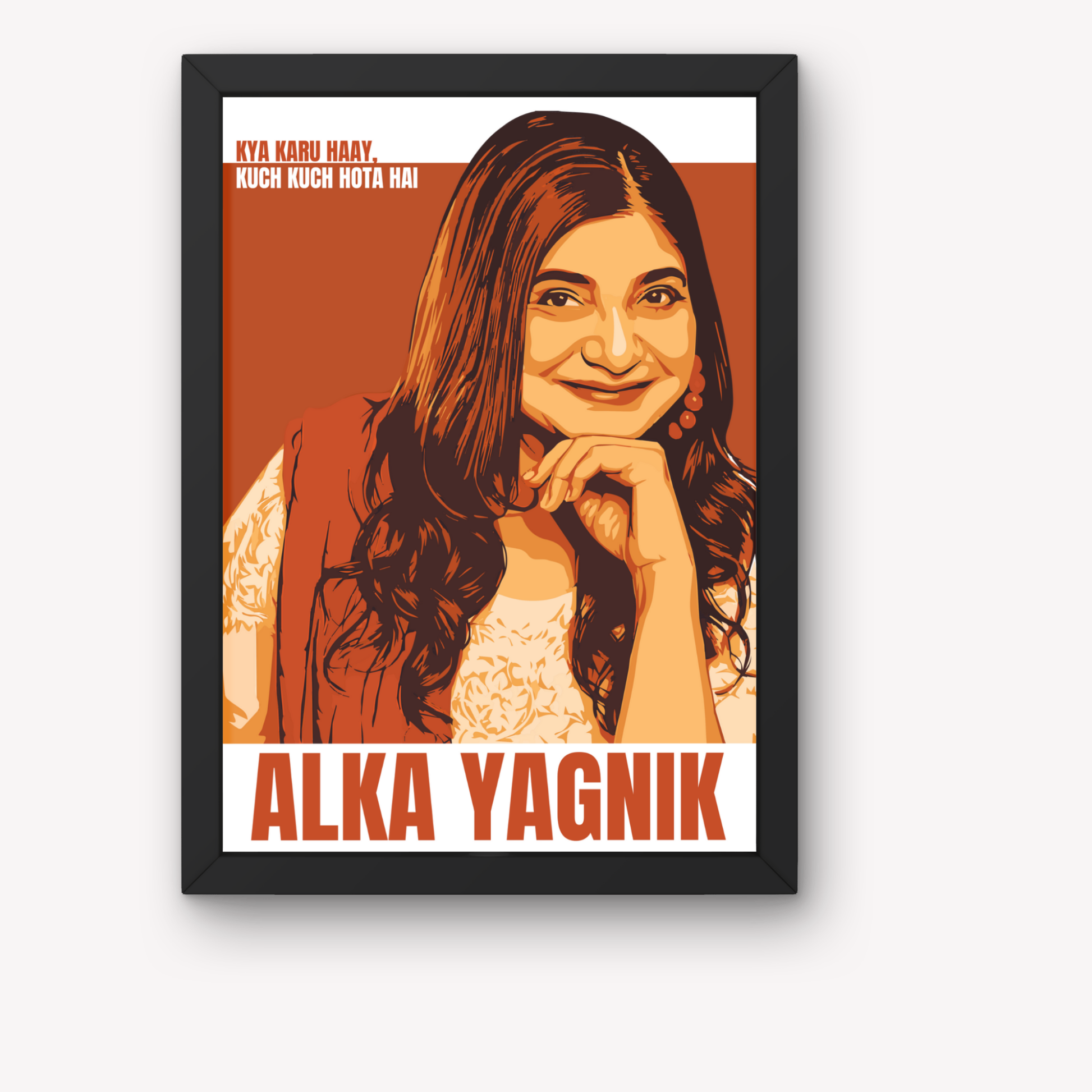 Alka Yagnik Retro Poster – Bollywood Music Legend Wall Art – “Kya Karu Haay, Kuch Kuch Hota Hai” Quote – Framed | Canvas | Poster Print Alka Yagnik retro poster, Bollywood music wall art, iconic singer portrait, framed Alka Yagnik print, canvas Bollywood artwork, Kuch Kuch Hota Hai quote frame, Indian playback singer wall decor, brown tone poster, music legend wall frame, retro pop style portrait, famous singer gift idea, Bollywood art for home, singer fan gift frame