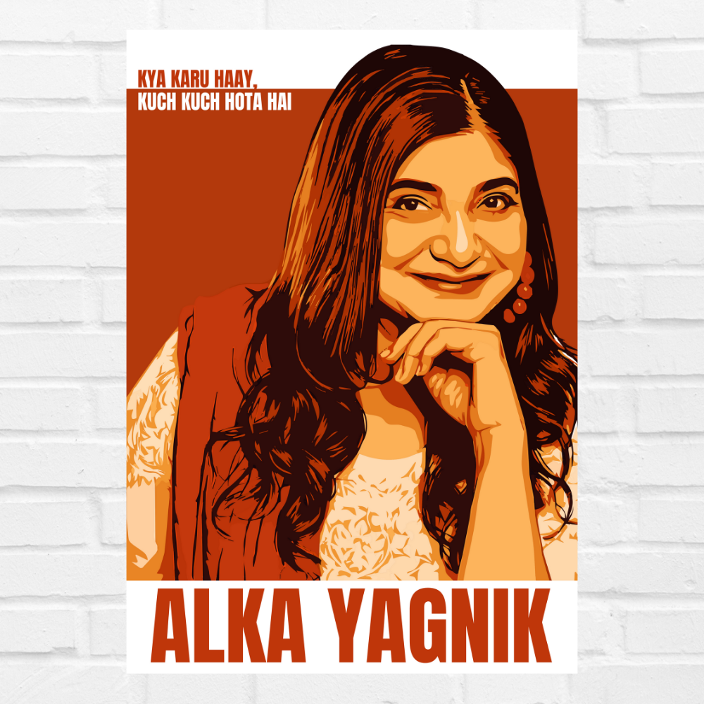 Retro-style brown tone pop art portrait of Alka Yagnik with iconic Bollywood quote “Kya Karu Haay, Kuch Kuch Hota Hai”, framed or canvas wall decor.