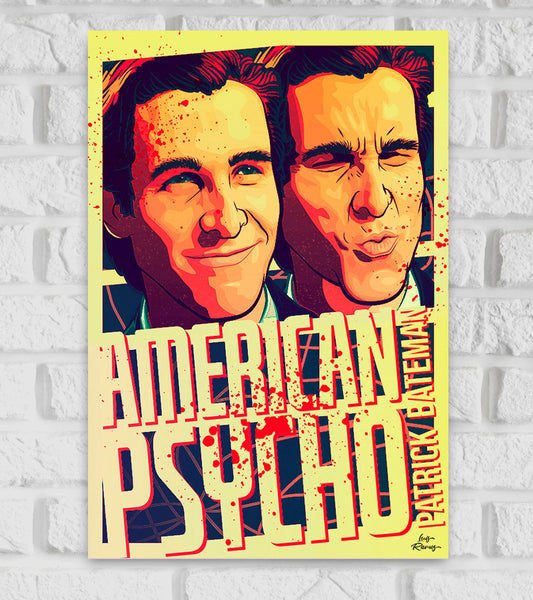 Stylized pop-art poster for the film "American Psycho" featuring two illustrated portraits of Patrick Bateman, the main character, with contrasting facial expressions—one smiling and one with a puckered, intense look. The background is splattered with red, mimicking blood, adding to the film’s dark and violent tone. The title “AMERICAN PSYCHO” is boldly written in large distressed text across the bottom half, with “PATRICK BATEMAN” written vertically along the right side. The poster has a vivid color scheme