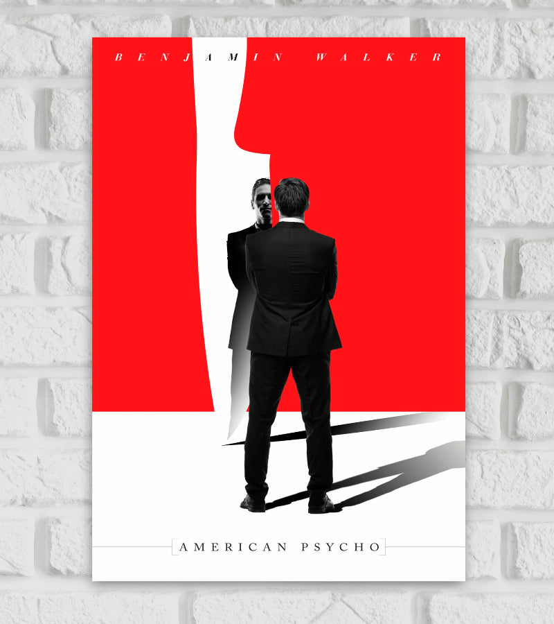 Poster of American Psycho featuring a minimalist design with a red and white background. A man in a black suit stands facing his reflection, which is framed inside the shape of a large white knife cutting through the red space. The actor's name "Benjamin Walker" appears at the top, and the title "American Psycho" is displayed elegantly at the bottom Horror Comedy Patrick Bateman Mary Harron Hollywood Action