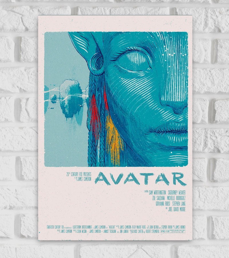 Poster of Avatar featuring a stylized illustration of a Na'vi character’s face in shades of blue, with intricate line work and colorful braids hanging from the side. In the background, floating mountains can be seen against a soft blue sky. The title "Avatar" is written in textured blue letters at the bottom, along with the film's credits. The overall design has an artistic, ethereal feel Sci-fi Action epic science James Cameron Marine dispatched to the moon Pandora
