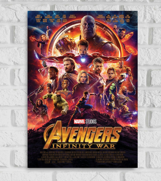 Action-packed poster for Marvel Studios' "Avengers: Infinity War." The image features a dynamic collage of Marvel superheroes, including Iron Man, Captain America, Thor, Black Widow, Hulk, Spider-Man, Doctor Strange, and others, ready for battle. At the top looms Thanos, the main villain, holding the Infinity Gauntlet glowing with Infinity Stones. The background bursts with fiery orange and cosmic purple tones, adding intensity and urgency Hollywood American film based on the Marvel Comics superhero