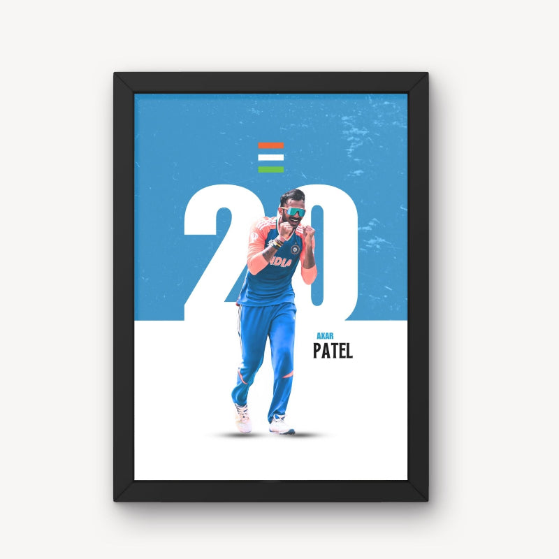 Axar Patel Indian Creicketer Sports Player Cricket Games World Cup T20 IPL Motivational Quote White & Blue Color Matte Finish Wall Decor Posters Frame