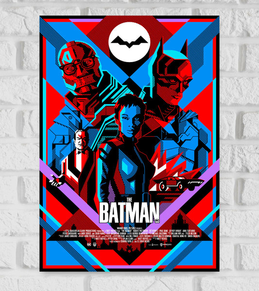 Poster of The Batman featuring a bold, colorful, graphic-art style illustration of Batman, Catwoman, the Riddler, and other key characters against a striking red, blue, and black background. A white bat symbol appears at the top, and the Batmobile is illustrated near the bottom. The title "The Batman" is displayed prominently in white at the center bottom. The design has a sharp, modern, and edgy visual style Hollywood Avengers adventure Action Crime Movies