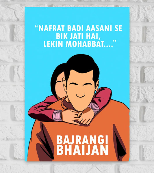 Cartoon illustration of two people hugging with a blue background and text, featuring the title 'Bajrangibhaijan'.