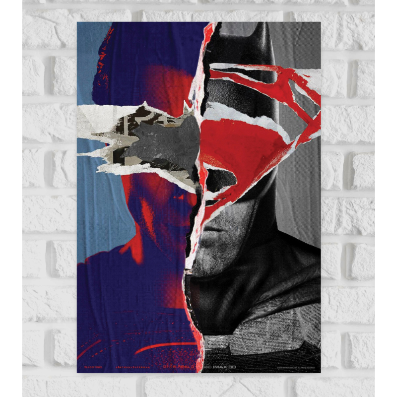 Poster of the movie 'Batman v Superman: Dawn of Justice' featuring a split-face design with Superman on the left in color and Batman on the right in black and white. A torn paper effect with red and grey elements runs diagonally across the center, symbolizing conflict. The Superman logo is partially overlaid on Batman’s face, and the Batman logo appears over Superman’s. The dramatic contrast and texture create a powerful visual clash between the two superheroes