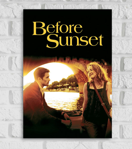 Poster for the romantic drama film "Before Sunset." The image features the two main characters, Jesse and Céline, sitting on a boat under a sunlit stone bridge, with a glowing sunset reflecting off the water behind them. Jesse, in a suit, looks thoughtfully at Céline, who is smiling warmly in a black top with a shoulder bag. The top of the poster has the title “Before Sunset” in large, elegant yellow text against a black backgroud intimate  nostalgic Richard Linklater Ethan Hawke Julie Delpy, Vernon Dobtche