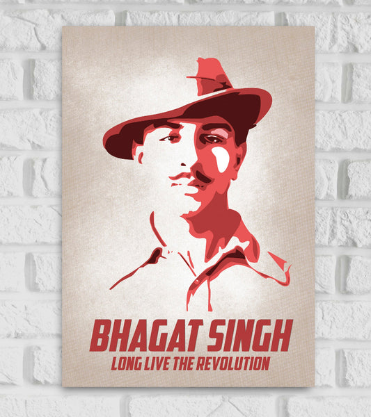 Stylized poster of Bhagat Singh featuring a minimalist red and beige color scheme. The artwork shows Bhagat Singh wearing his signature fedora hat, with his face split into light and dark red tones. At the bottom, bold text reads "BHAGAT SINGH" followed by the slogan "LONG LIVE THE REVOLUTION"