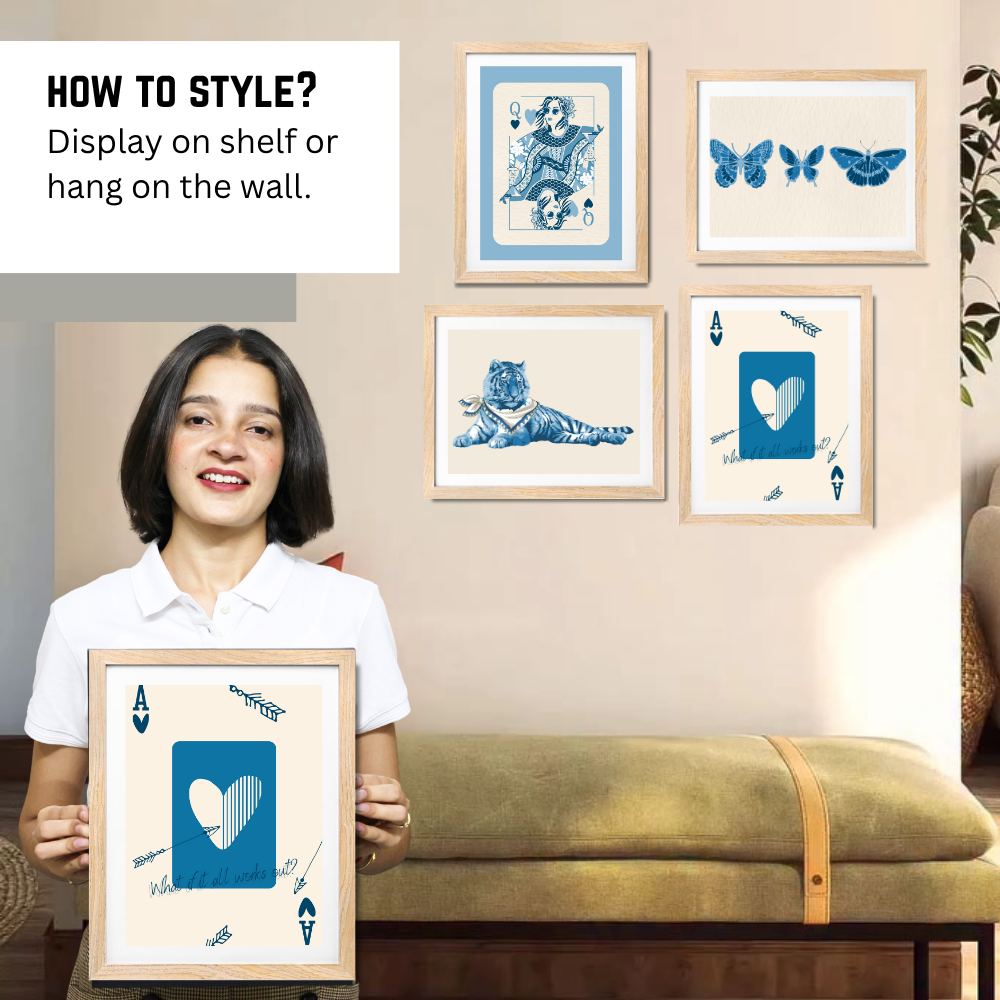Good Hope Set of 4 Framed Blue Aesthetic Wall Art 10X13 Inch Minimalist Posters with Playing Cards, Butterflies, Tiger & Heart Design Inches for Home Decoration, Living Room