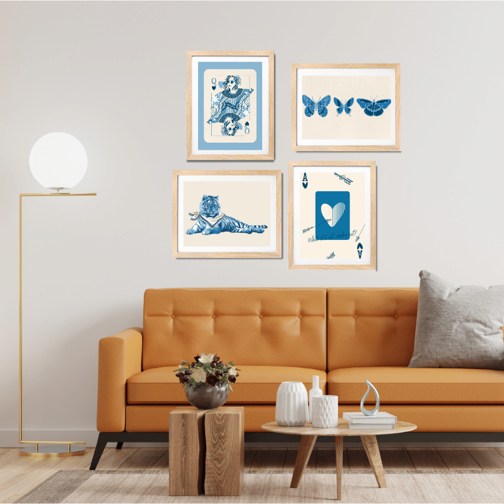 Good Hope Set of 4 Framed Blue Aesthetic Wall Art 10X13 Inch Minimalist Posters with Playing Cards, Butterflies, Tiger & Heart Design Inches for Home Decoration, Living Room