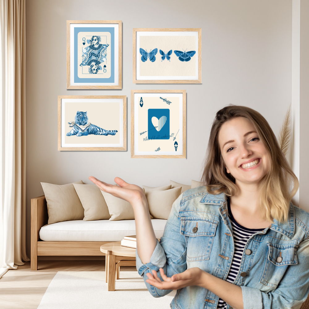 Good Hope Set of 4 Framed Blue Aesthetic Wall Art 10X13 Inch Minimalist Posters with Playing Cards, Butterflies, Tiger & Heart Design Inches for Home Decoration, Living Room