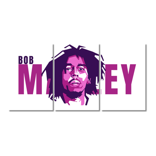 Three-piece wall poster of Bob Marley in vibrant purple tones, with his name split across three panels and a stylized portrait in the center, available in 12x18 inch or 9x12 inch sizes.
